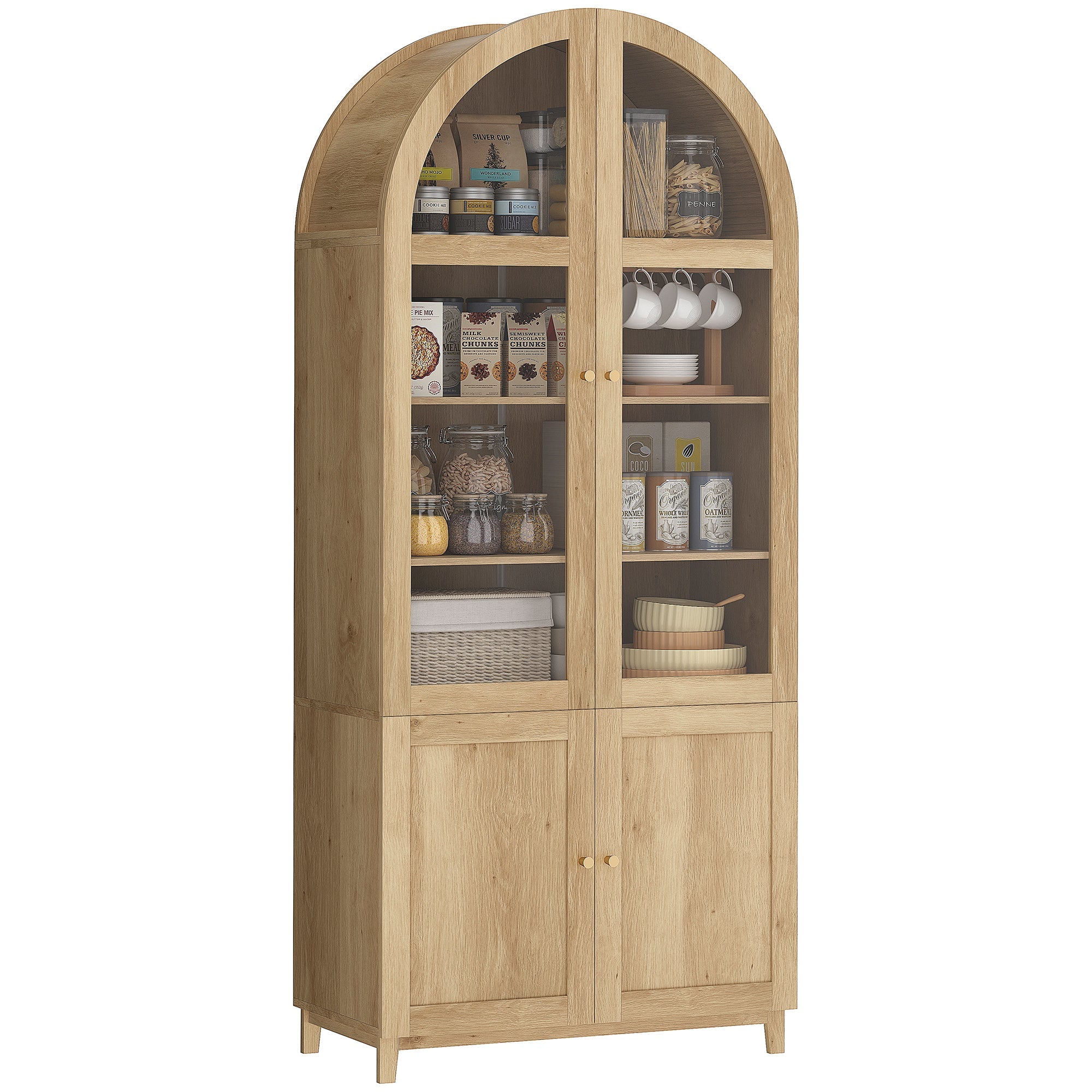 71" Tall Arched Kitchen Pantry Cabinet, Farmhouse Freestanding Kitchen Storage Cabinet,  Oak