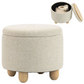 Round Storage Ottoman with Lid & Rubberwood Legs, Burlap Fabric Footrest Bench for Bedroom or Living Room, 38.5 x 38.5 cm, Beige