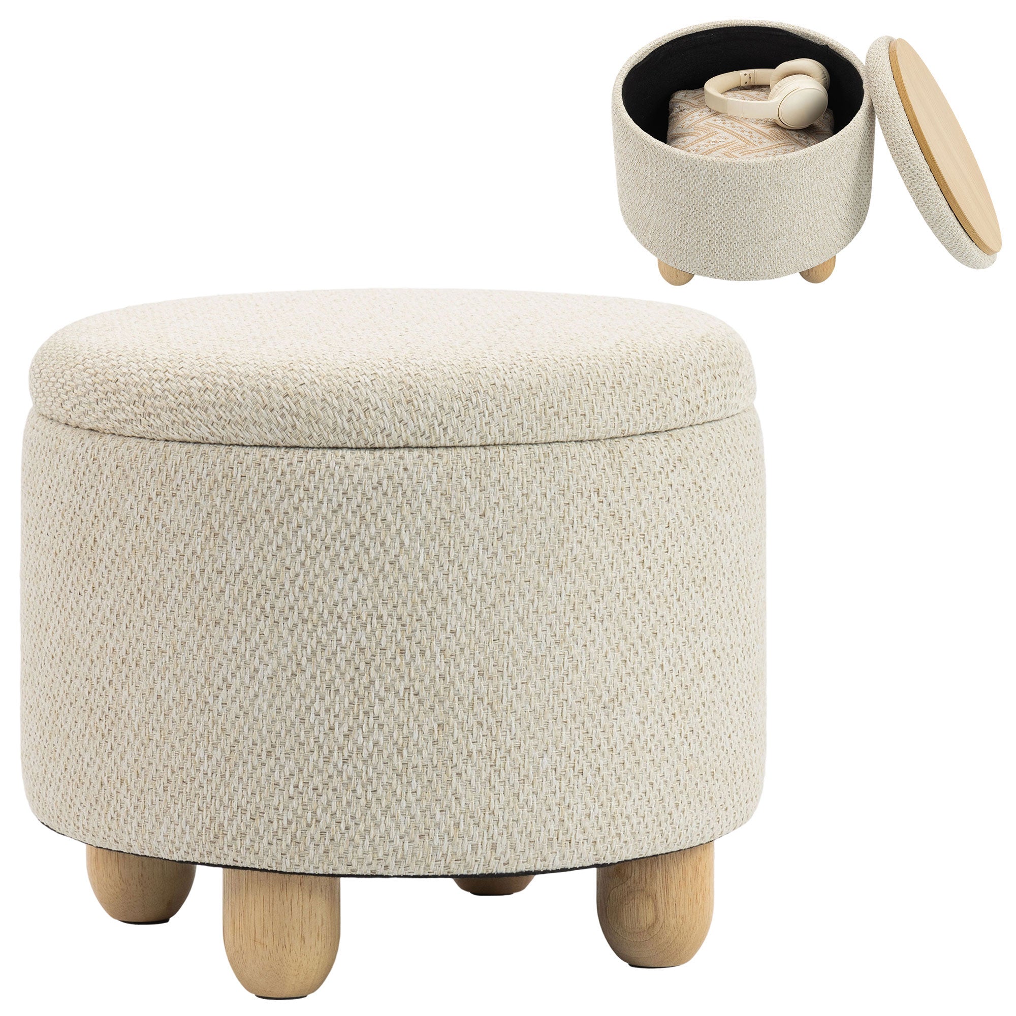 Round Storage Ottoman with Lid & Rubberwood Legs, Burlap Fabric Footrest Bench for Bedroom or Living Room, 38.5 x 38.5 cm, Beige