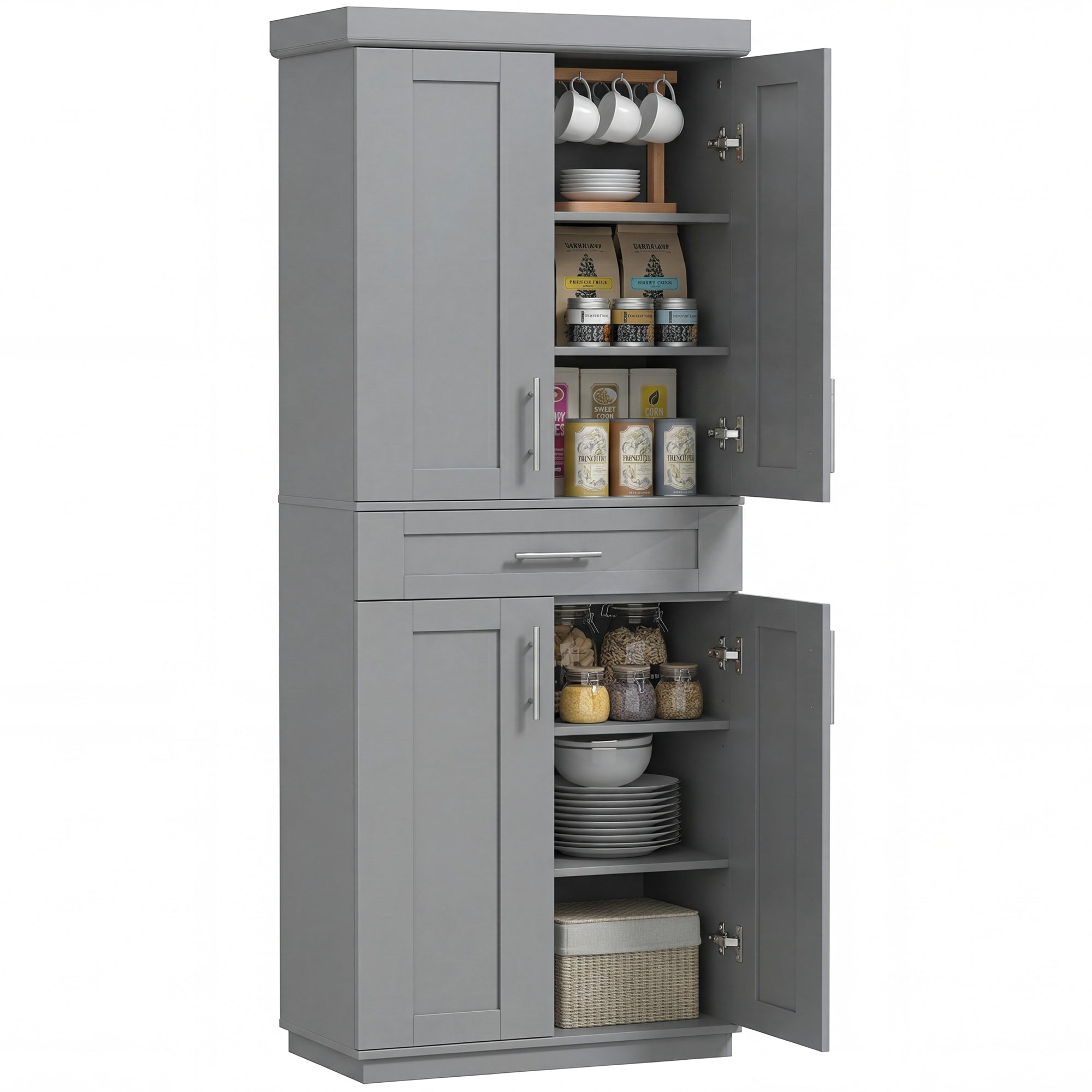72" Kitchen Pantry Cabinet with 4 Doors, Drawer & 3 Adjustable Shelves, Gray