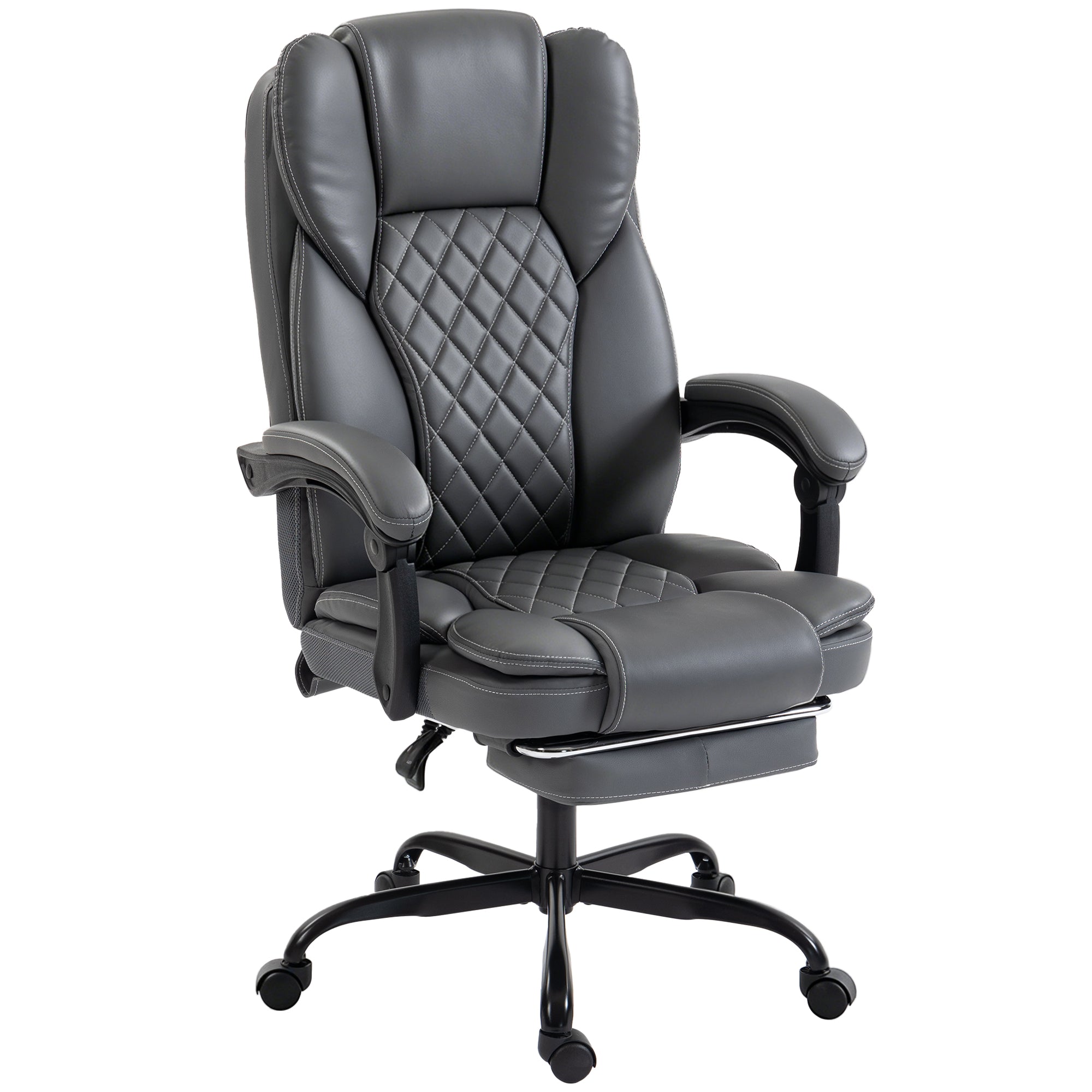 High-Back Executive PU Office Chair with Recline, 360° Swivel & Footrest, Grey